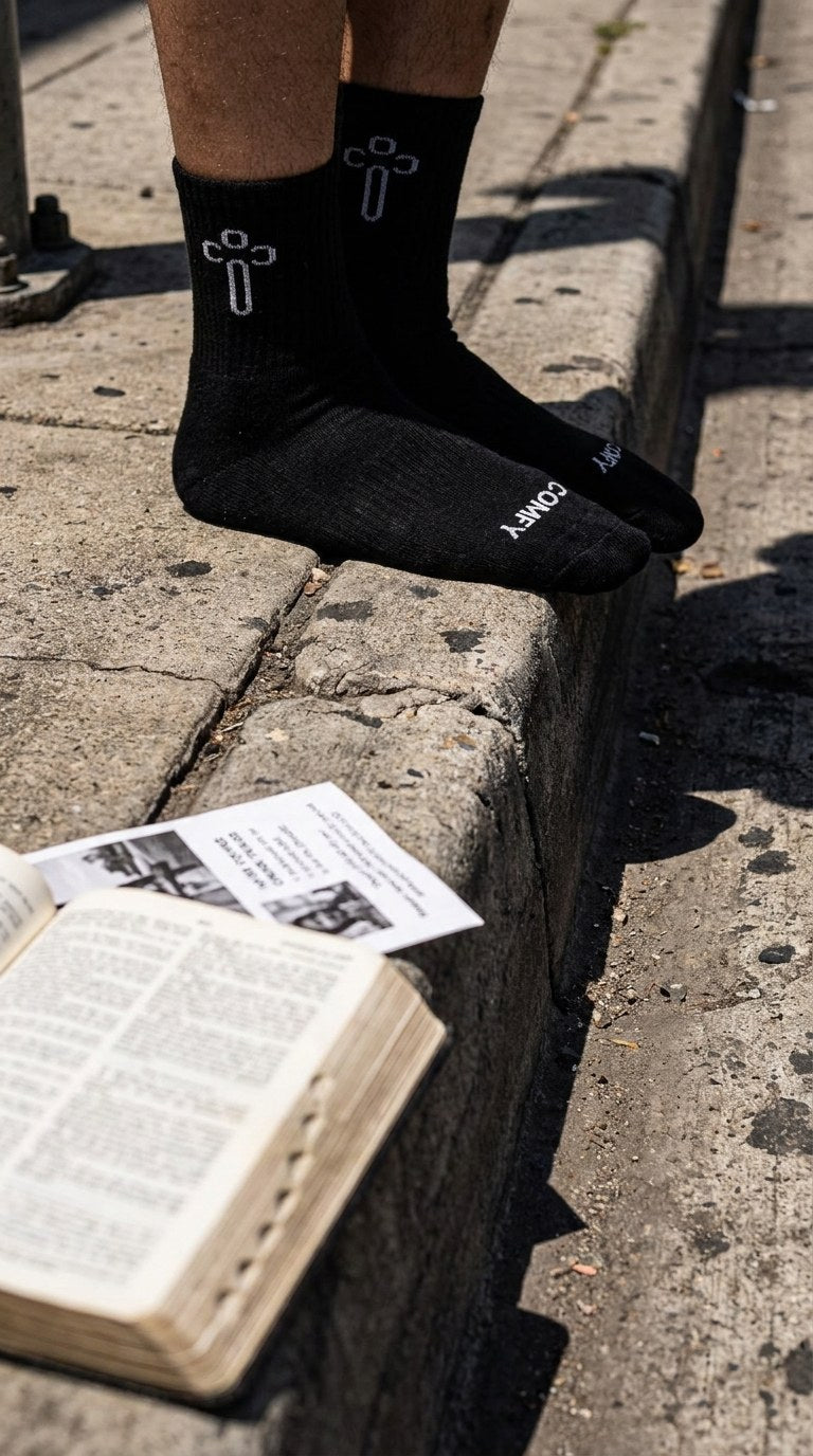 Comfy in Christ black crew socks worn on a curb next to an open Bible